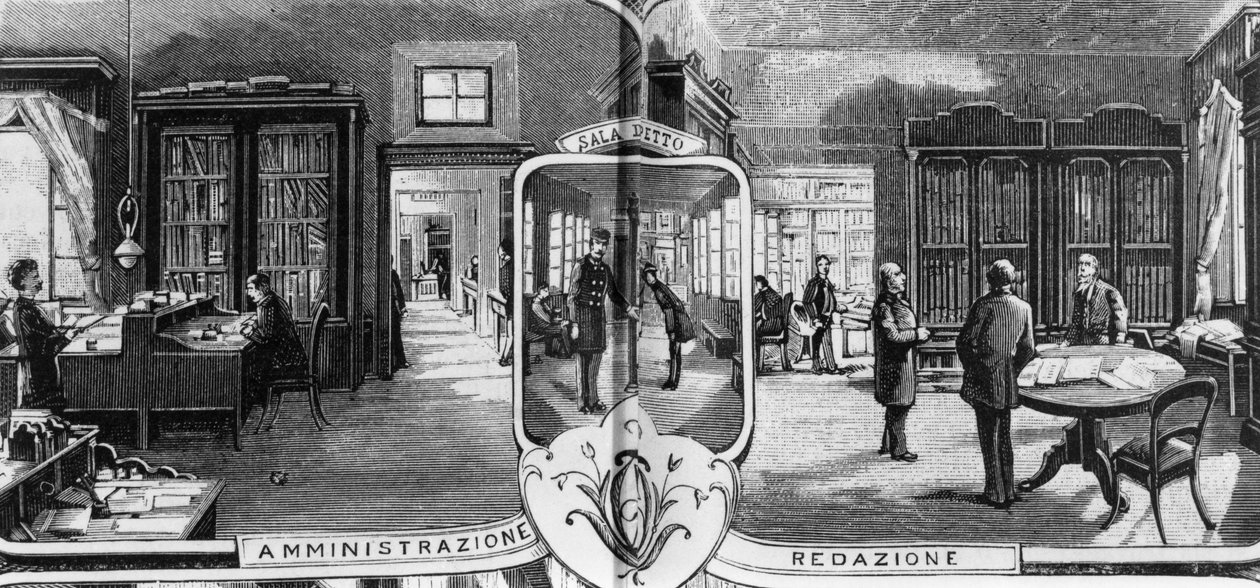 Treves-brødres kontorer, redigerings- og administrationspersonale, Milano, Italien, illustration af Quinto Cenni (1845-1917) fra L