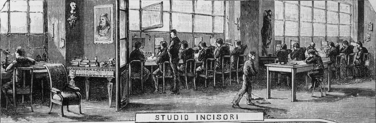 Treves-brødres kontorer, gravørafdeling, Milano, Italien, illustration af Quinto Cenni (1845-1917) fra L