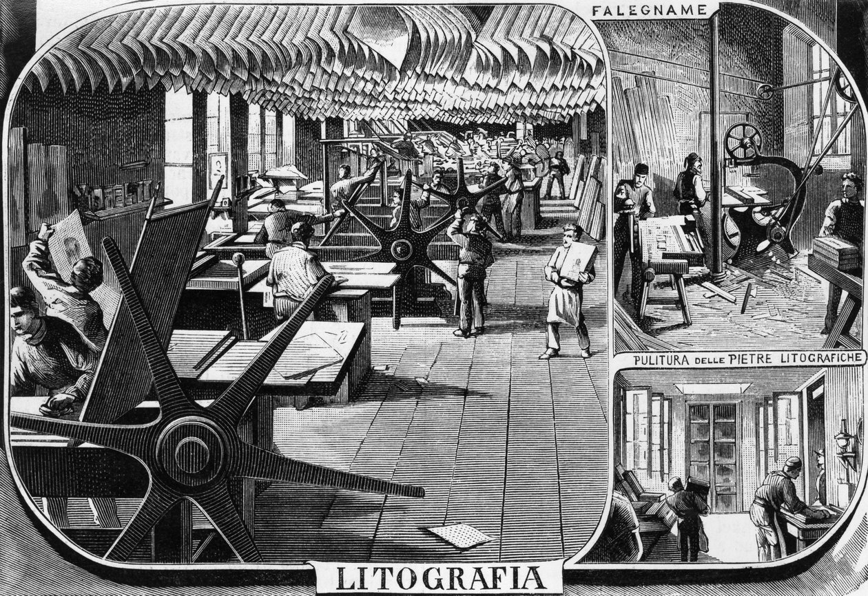 Treves brødres kontorer, litografiafdelingen, Milano, Italien, illustration af Quinto Cenni (1845-1917) fra L