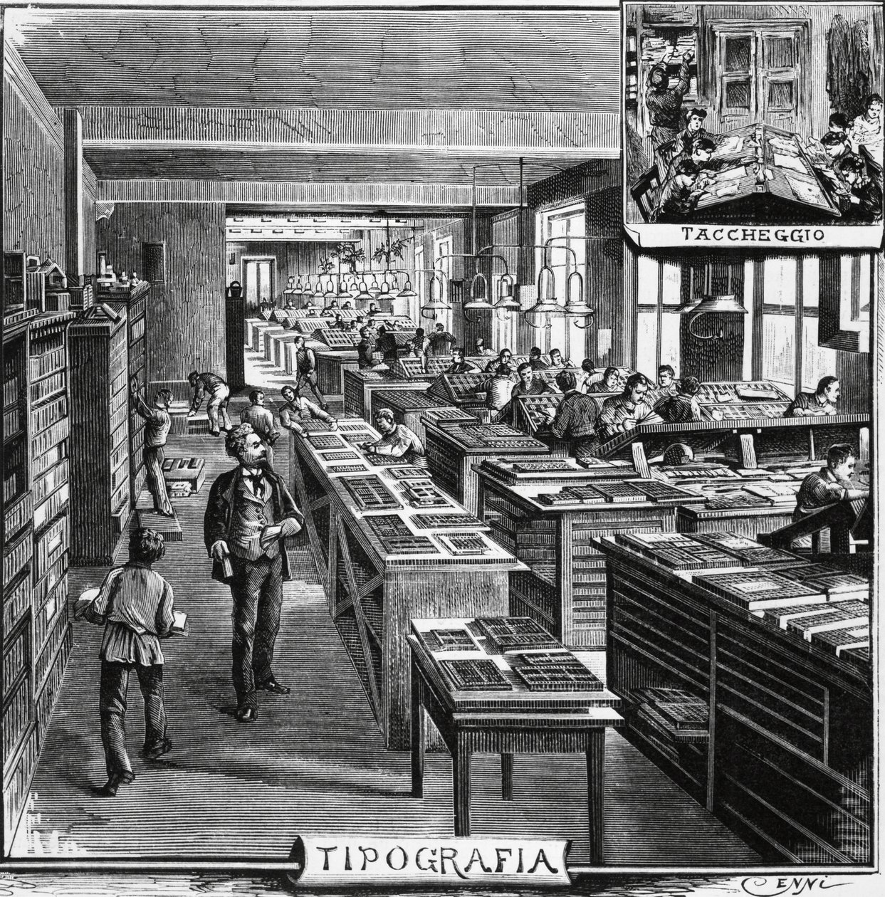 Treves brødres kontorer, typografi og overlejring, Milano, Italien, illustration af Quinto Cenni (1845-1917) fra L
