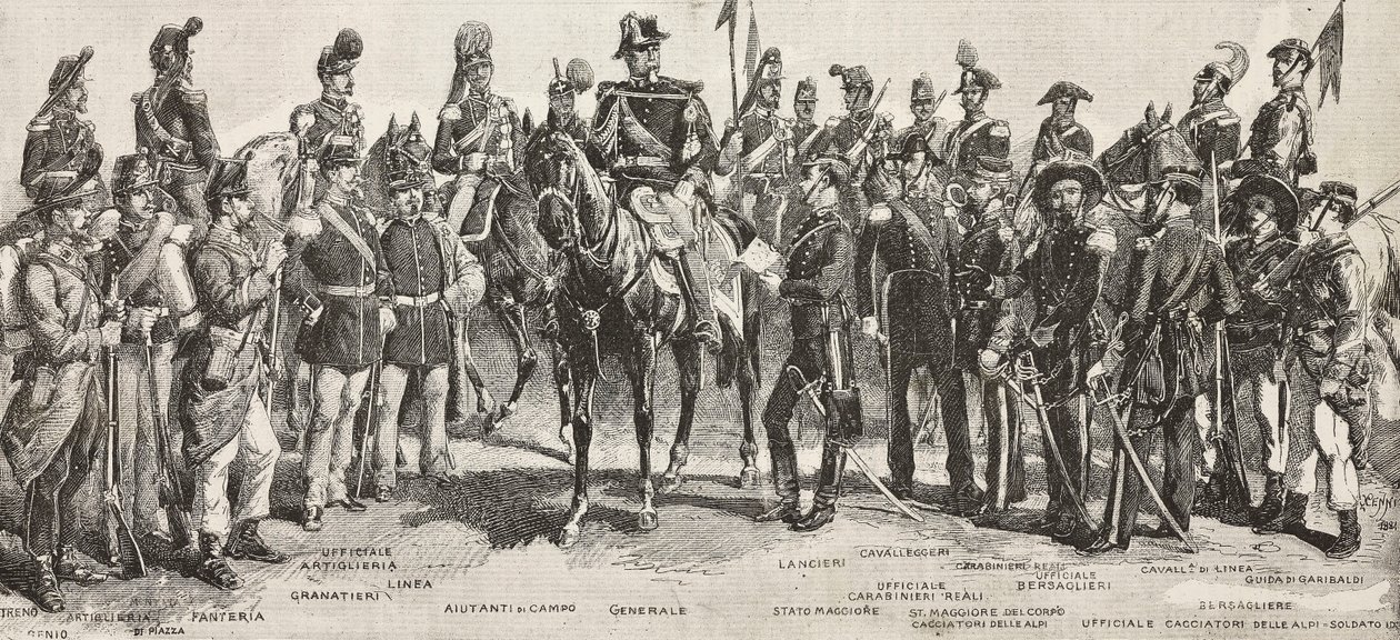 Piemontesisk hær i 1859: infanterister, artillerister, ingeniører, grenaderer, officerer, generaler, spydmænd, kavalerister, riffelmand, gravering fra tegning af Quinto Cenni, fra L