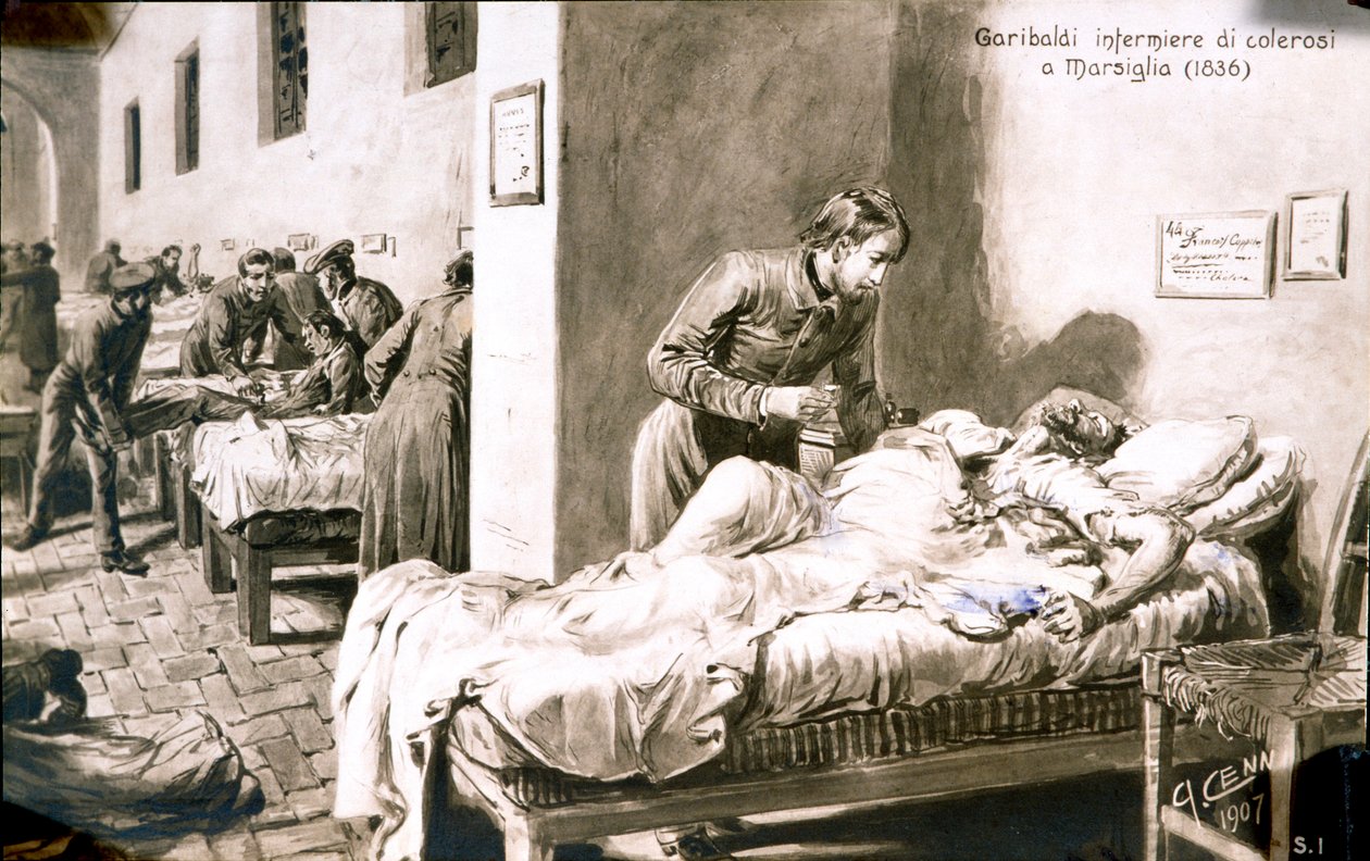 Den italienske patriot Giuseppe Garibaldi (1807-1882) sygeplejerske, under navnet Pan-Borel (Pane Borel), til kolerapatienterne i Marseille i 1836. Postkort fra det 19. århundredes privatsamling af Quinto Cenni