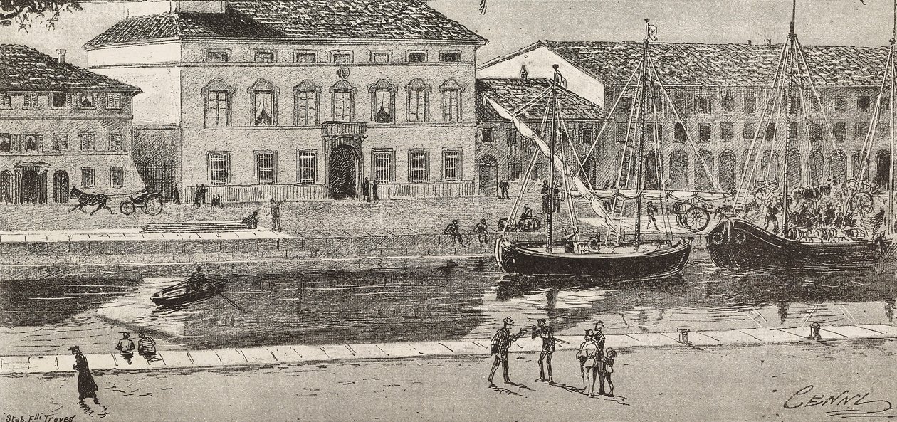 Rådhuset og havnekanalen, Cesenatico, Italien, gravering fra en tegning af Quinto Cenni og en skitse af Ulisse Topi, fra L