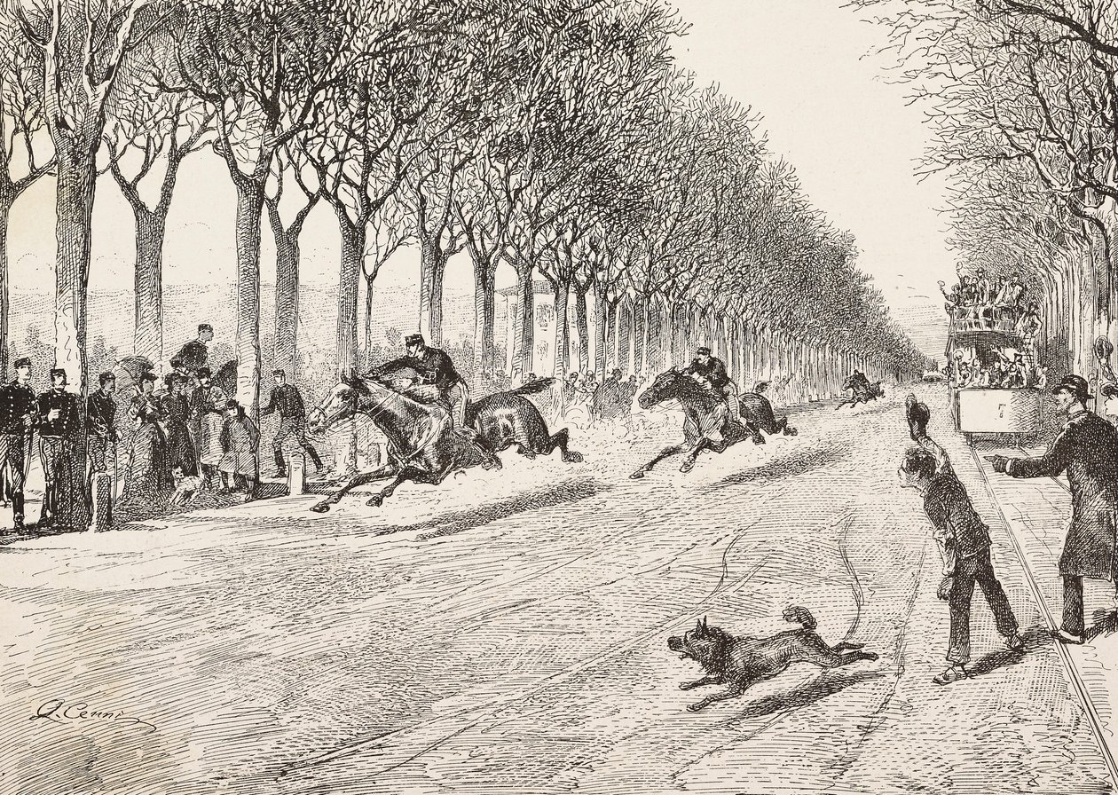 Tre modstandsofficerer, der deltager i hestevæddeløb, Tredje Savoy-regiment, mellem Milano og Monza, Italien, gravering fra tegning af Quinto Cena, fra L
