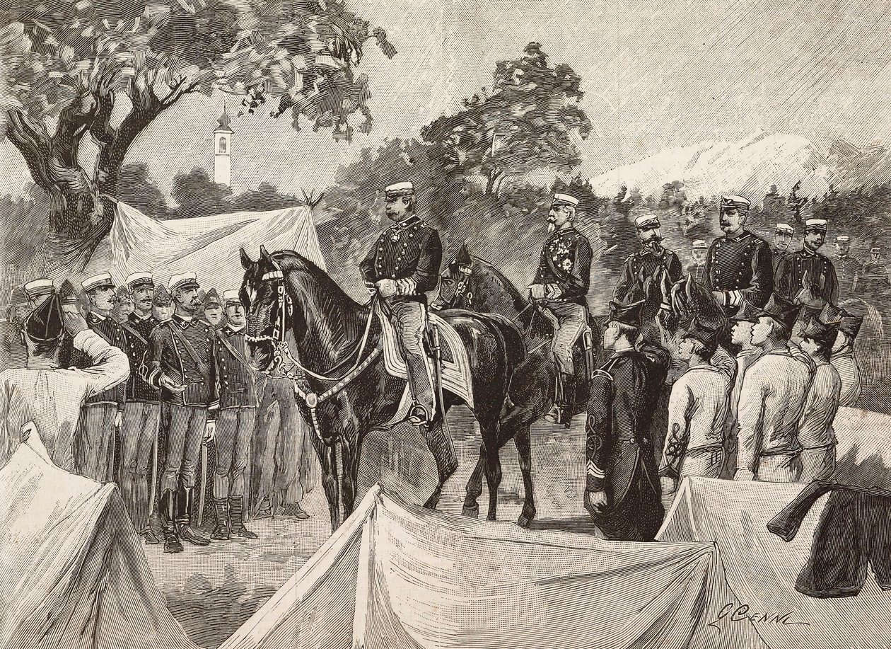 Umberto I (1844-1900), konge af Italien, med nogle officerer, på besøg i militærlejre, 11. september af Quinto Cenni