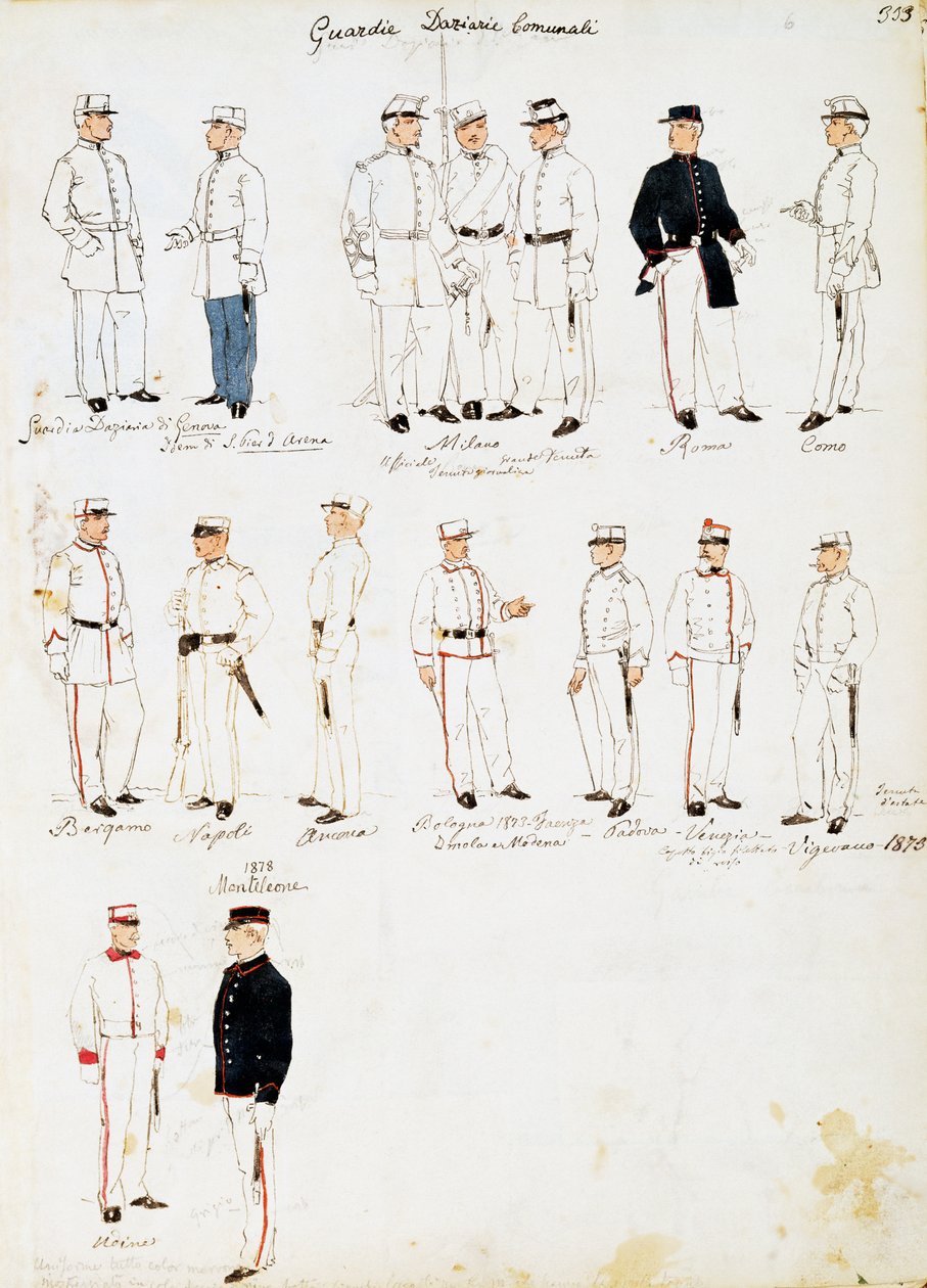 Uniformer af toldvagter fra Kongeriget Italien mellem 1873-1878, plade fra Cenni Codex, samling af militærskitser i akvarel af Quinto Cenni