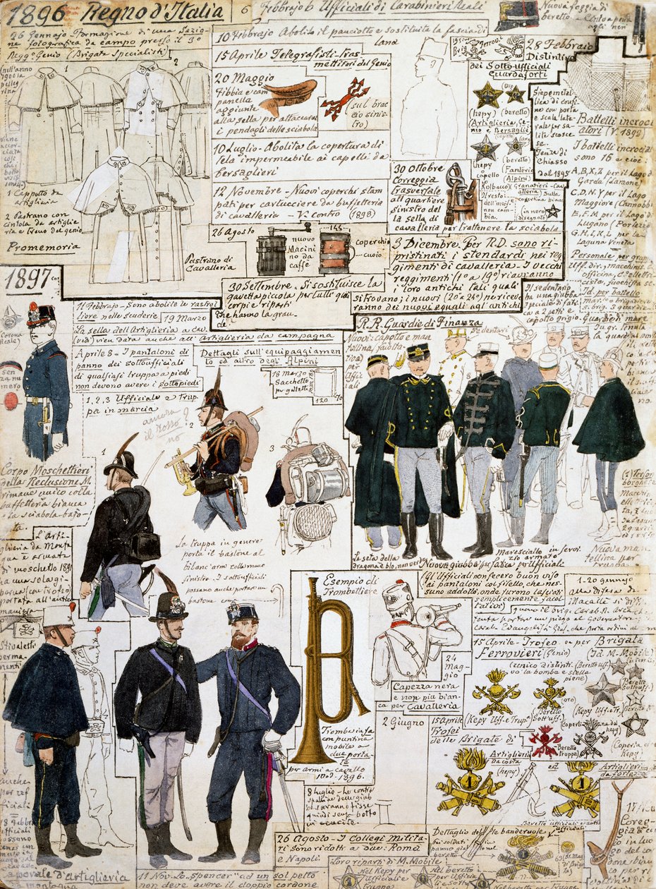 Uniformer af Kongeriget Italien mellem 1896 - 1897, plade fra Cenni Codex, samling af militærskitser i akvarel af Quinto Cenni