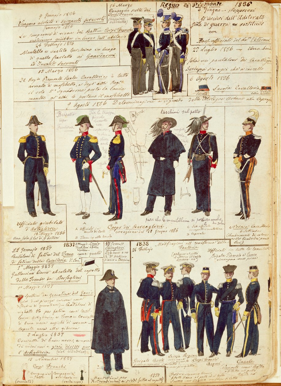 Uniformer af den piemontesiske hær mellem 1836 og 1886. Farveplade af Cenni Quinto af Quinto Cenni
