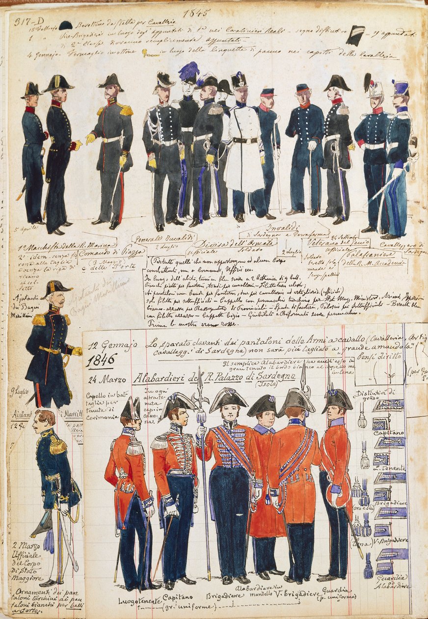 Uniformer fra den piemontesiske hær fra 1845-1846. Farveplade af Cenni Quinto af Quinto Cenni