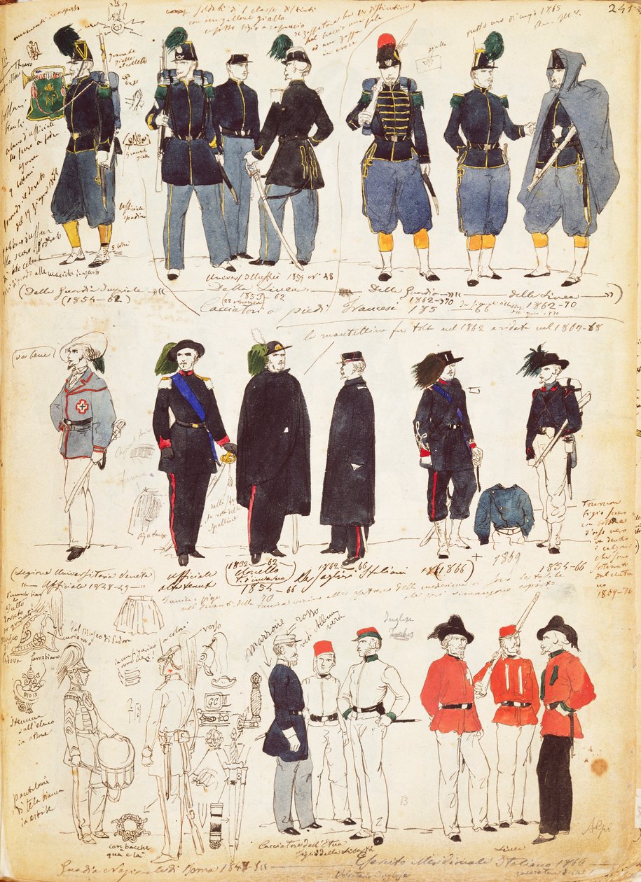 Forskellige italienske uniformer i almindelig brug mellem 1847 og 1870 af Quinto Cenni, farveplade af Quinto Cenni