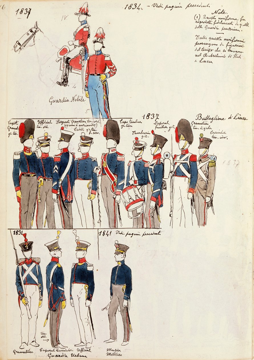 Forskellige uniformer, af Quinto Cenni, farveplade, ca. 1834-1841 af Quinto Cenni