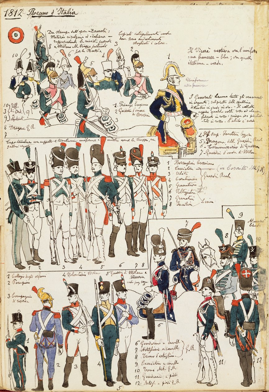 Diverse uniformer fra Kongeriget Italien fra 1807. Farveplade af Cenni Quinto af Quinto Cenni