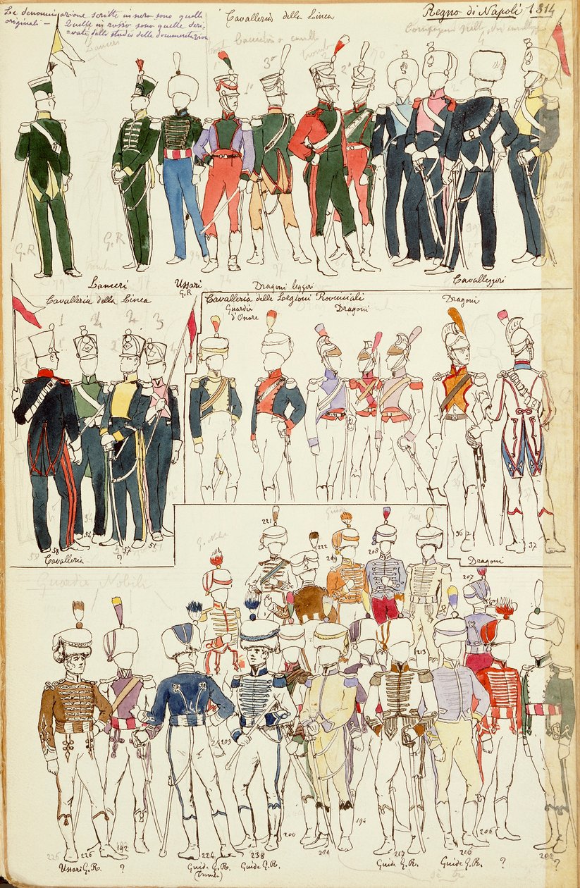 Forskellige uniformer fra Kongeriget Napoli fra 1814. Farveplade af Cenni Quinto af Quinto Cenni