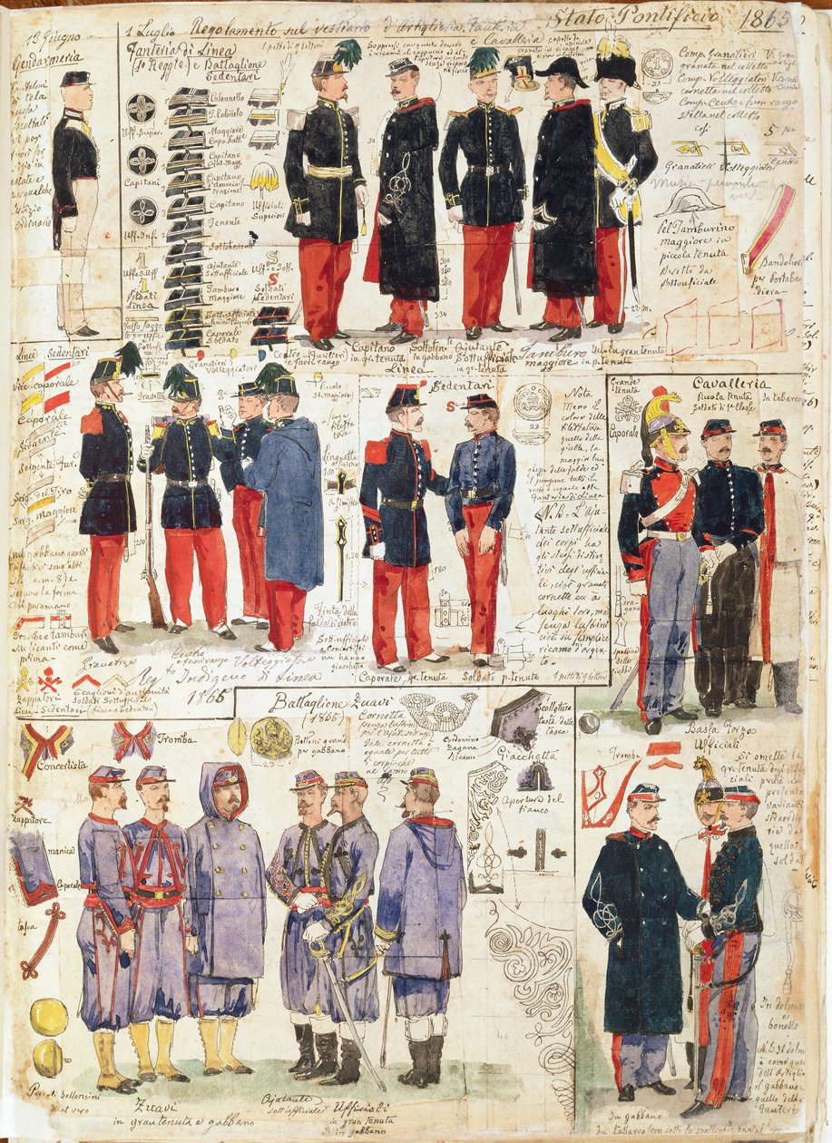 Pavestaternes forskellige uniformer fra 1865. Farveplade af Cenni Quinto af Quinto Cenni