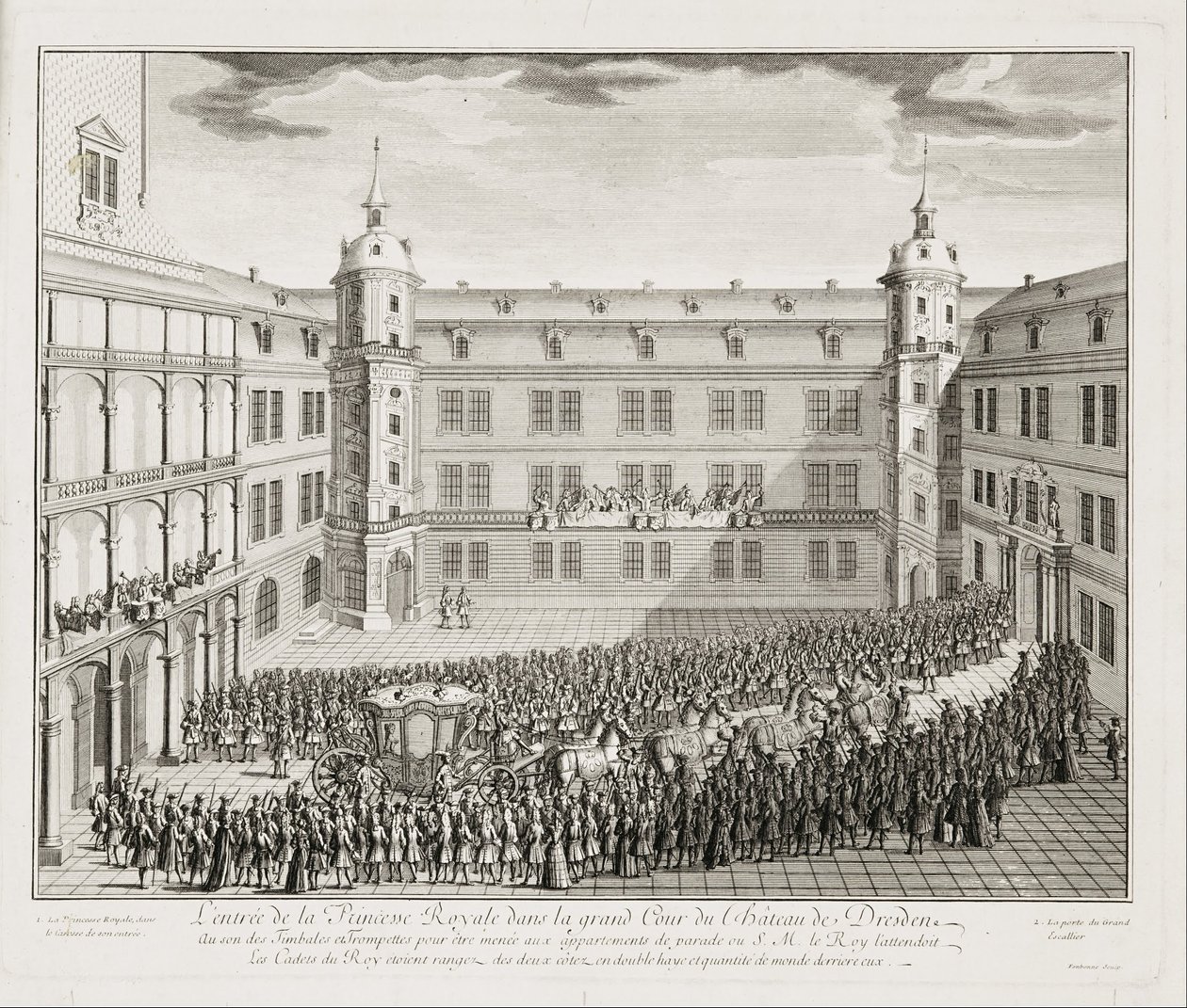 Dresden -paladset, den store gård ved ankomsten af ærkehertuginden Maria Josepha af Quirijn Fonbonne