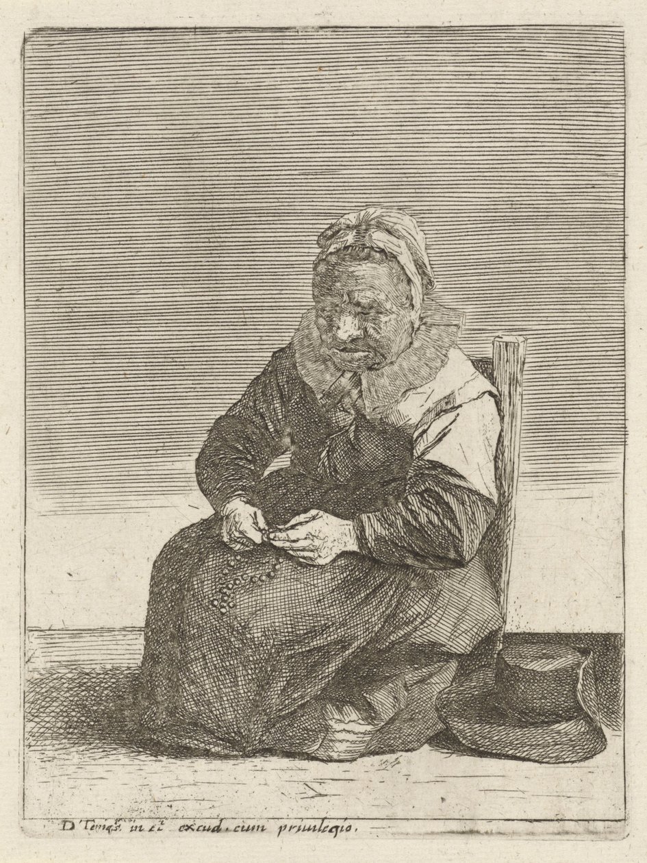 Gammel kvinde med rosenkrans Fuldgyldige landmænd (serietitel) af Quirin Boel (attributed to)