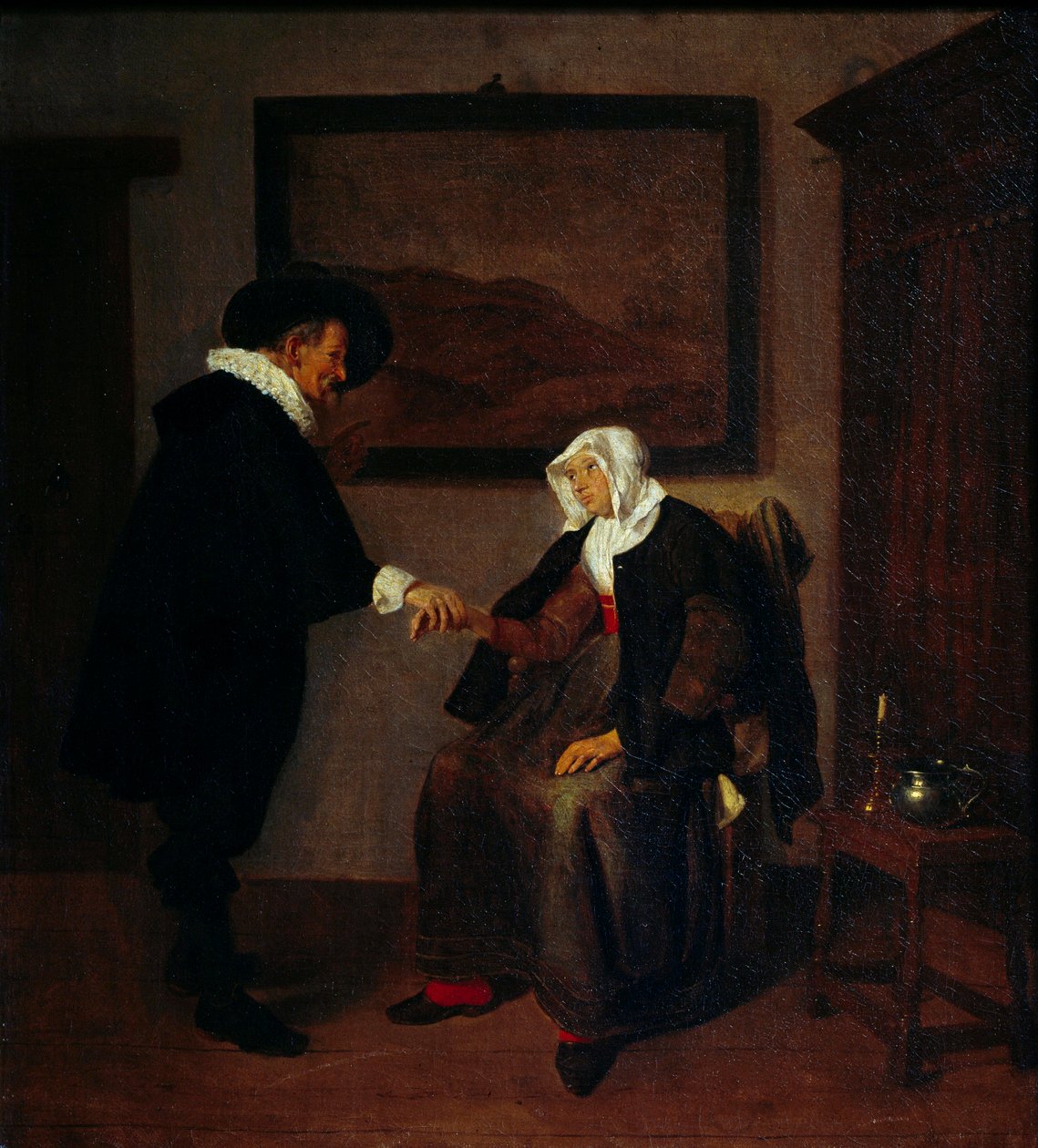 Konsultationsmaleri af Quiringh Gerritsz Van Brekelenkam (ca. 1620-1668). Søn 0,57x0,52 m af Quiringh Gerritsz. van Brekelenkam