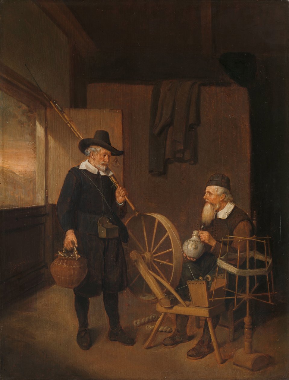 Interiør med Fisherman and Man ved siden af en spole og spole af Quiringh Gerritsz. van Brekelenkam