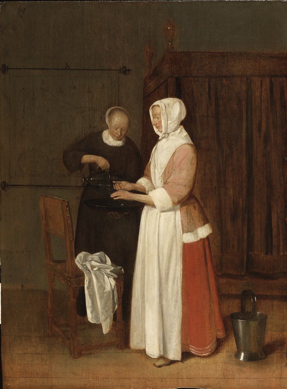 En kvinde vasker sine hænder, 1662 (olie på eg) af Quiringh Van Brekelenkam