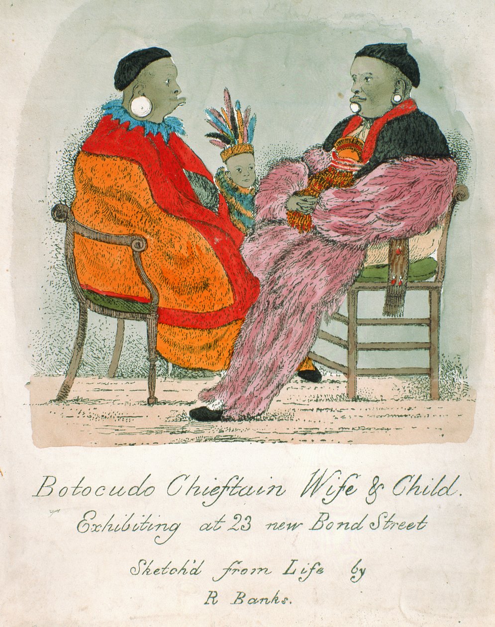 Botocudo Chieftain Wife and Child udstiller på 23 New Bond Street (håndfarvet litografi) af R. Banks