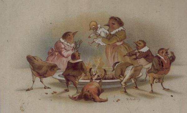 Fuglefamilie, victoriansk julekort af R. Dudley