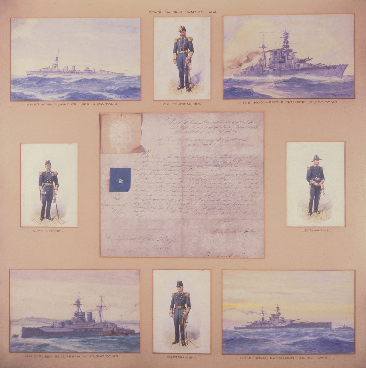 H.M.S. Cardiff, H.M.S. Hood, H.M.S. Dronning Elizabeth, H.M.S. Royal Sovereign og officerer i flådeuniformer af R. and Smith Simkin