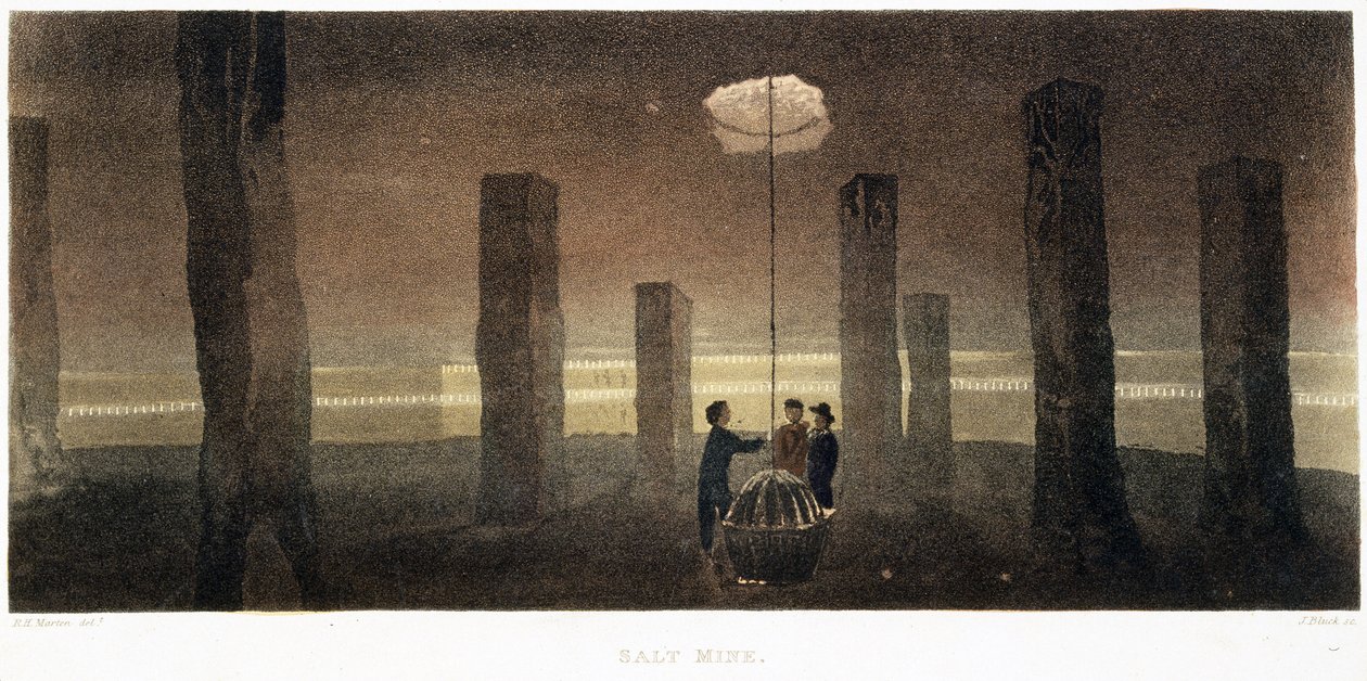 Saltmine, Cheshire, graveret af J. Bluck, 1814 (farvet akvatint) af R.H. after Marten