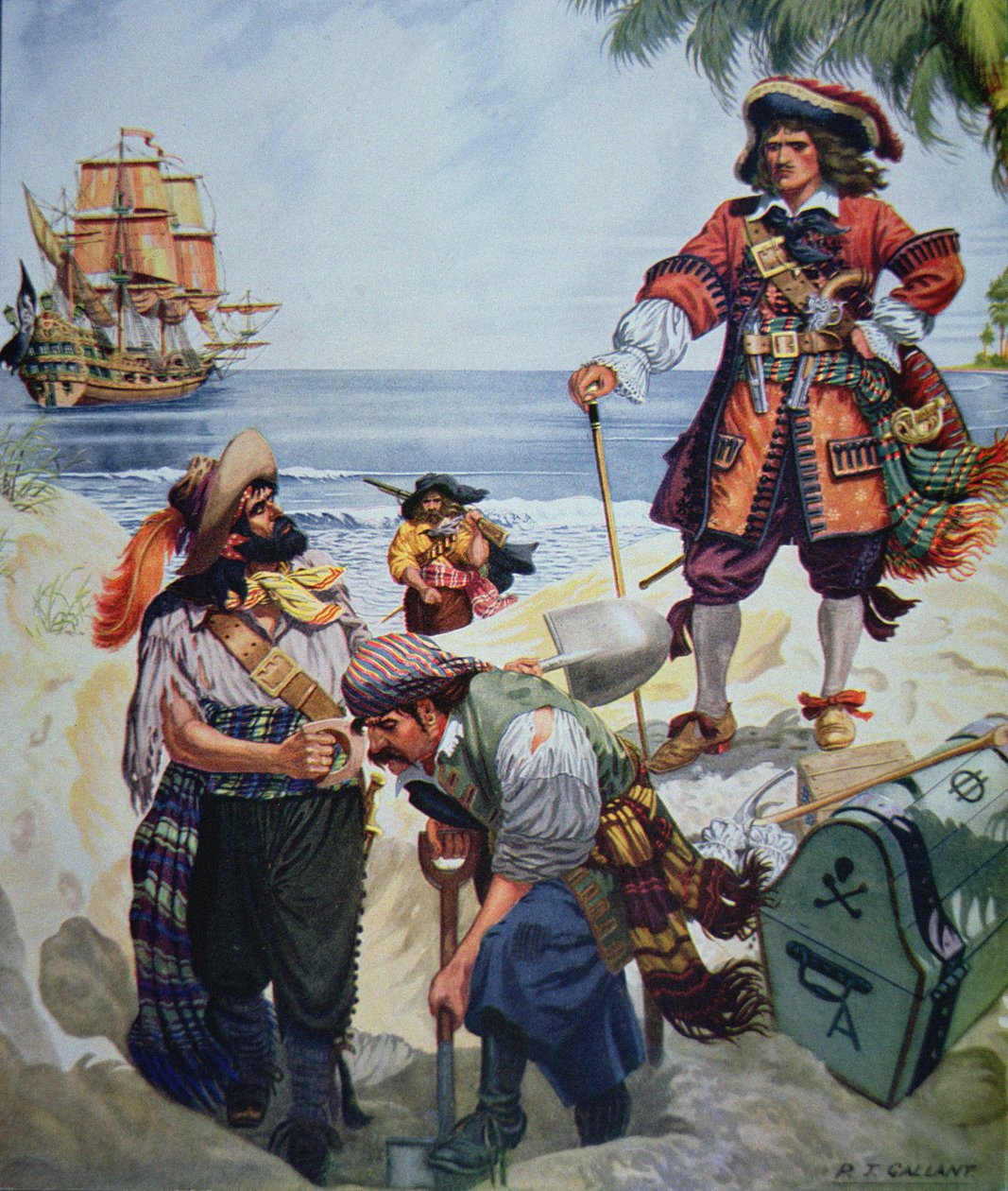 Piratchef begraver skat (farve litho) af R.J. Gallant