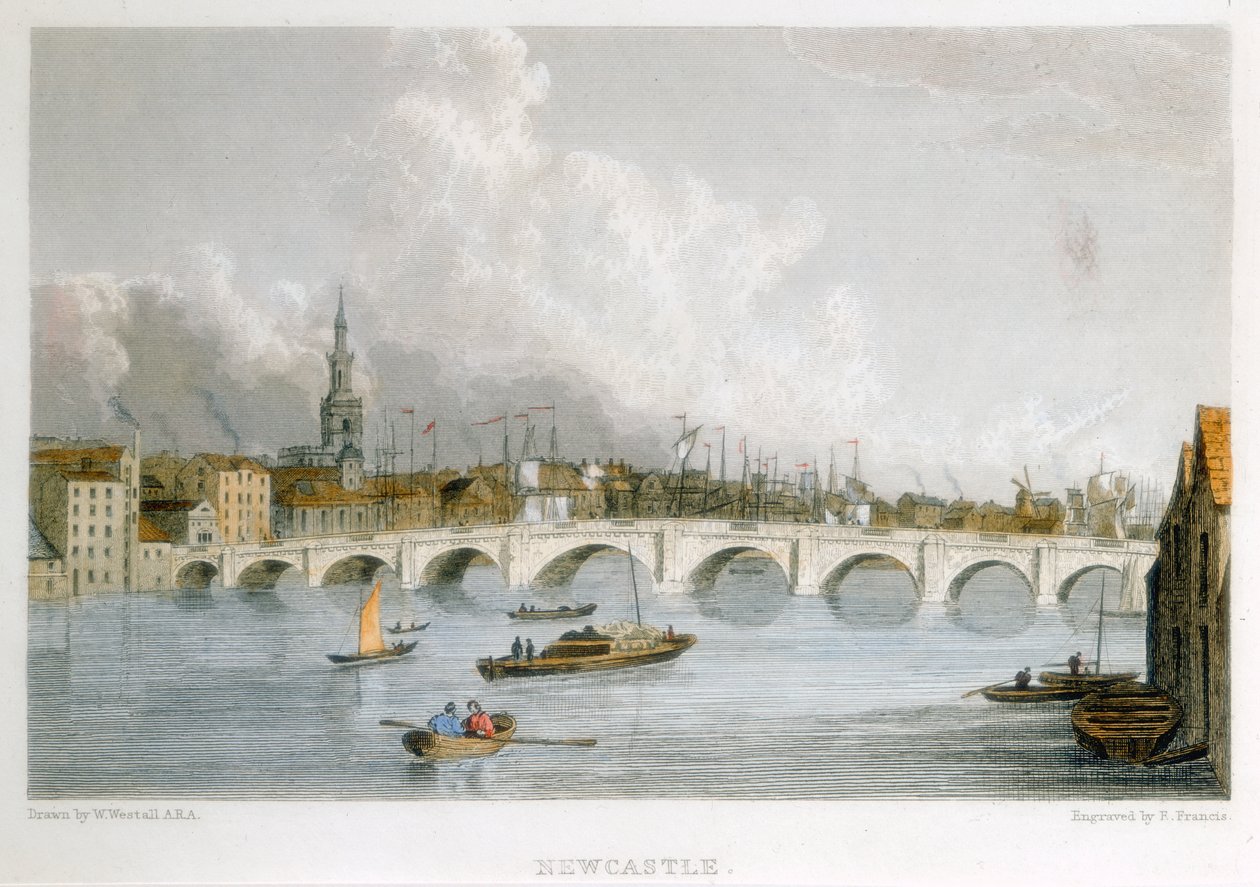 Stenbuet bro over Tyne ved Newcastle-upon-Tyne, England, c1830. af R Francis