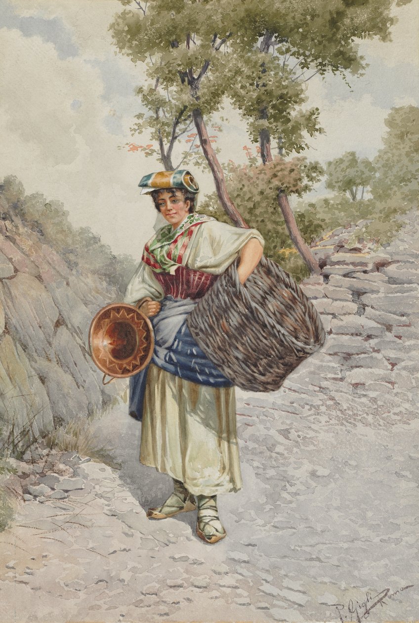 Bondepige på en stenet vej, 1800-tallet. af R. Gigli