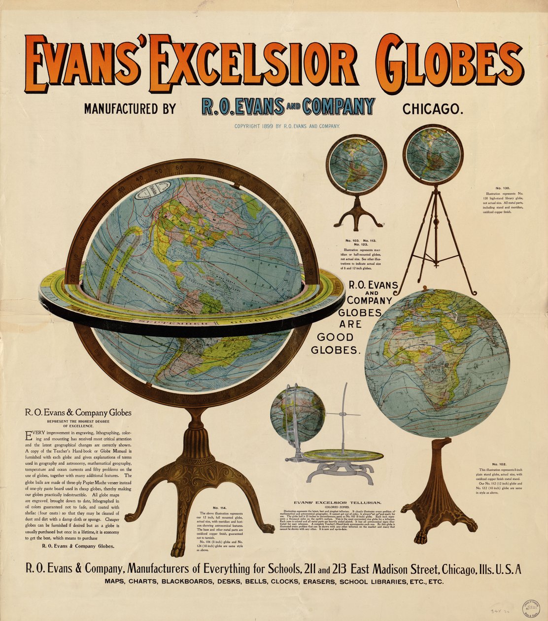 Annonceplakat for glober har repræsentationer af 5 glober og noget beskrivende tekst af R. O. Evans And Company