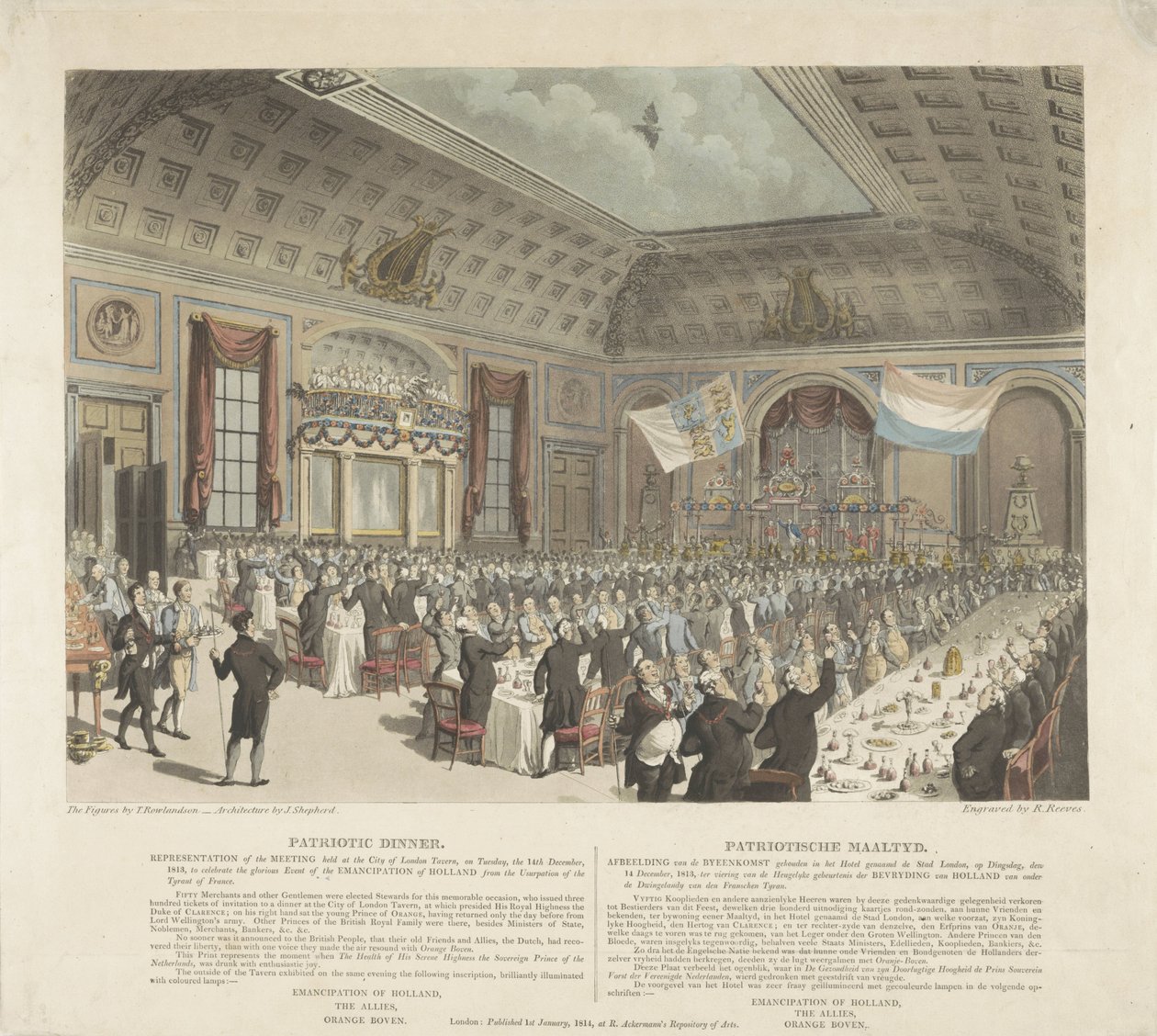 Patriotisk måltid i London, 1813 Patriotisk middag. Repræsentation af mødet afholdt i City of London Tavern, tirsdag den 14. december 1813 (...) / Patriotische Mealtyd. Billede af mødet afholdt på hotellet kaldet City L af R. Reeves