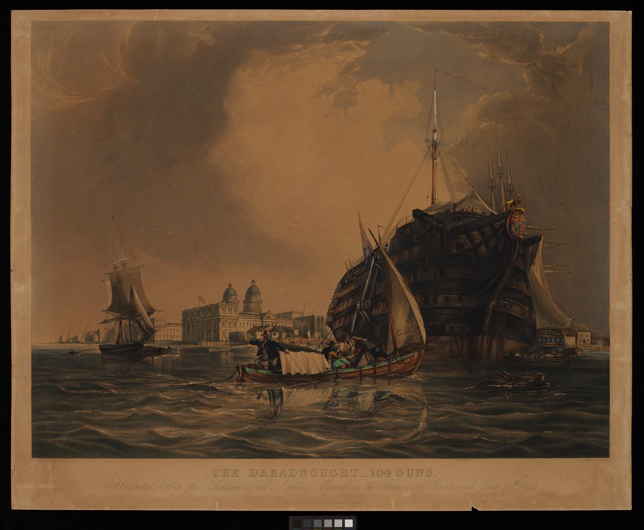 Dreadnought 104 kanoner, hospitalsskib for søfolk fra alle nationer, fortøjet i Themsen ud for Greenwich, 20. juni 1831 af R. W. Price
