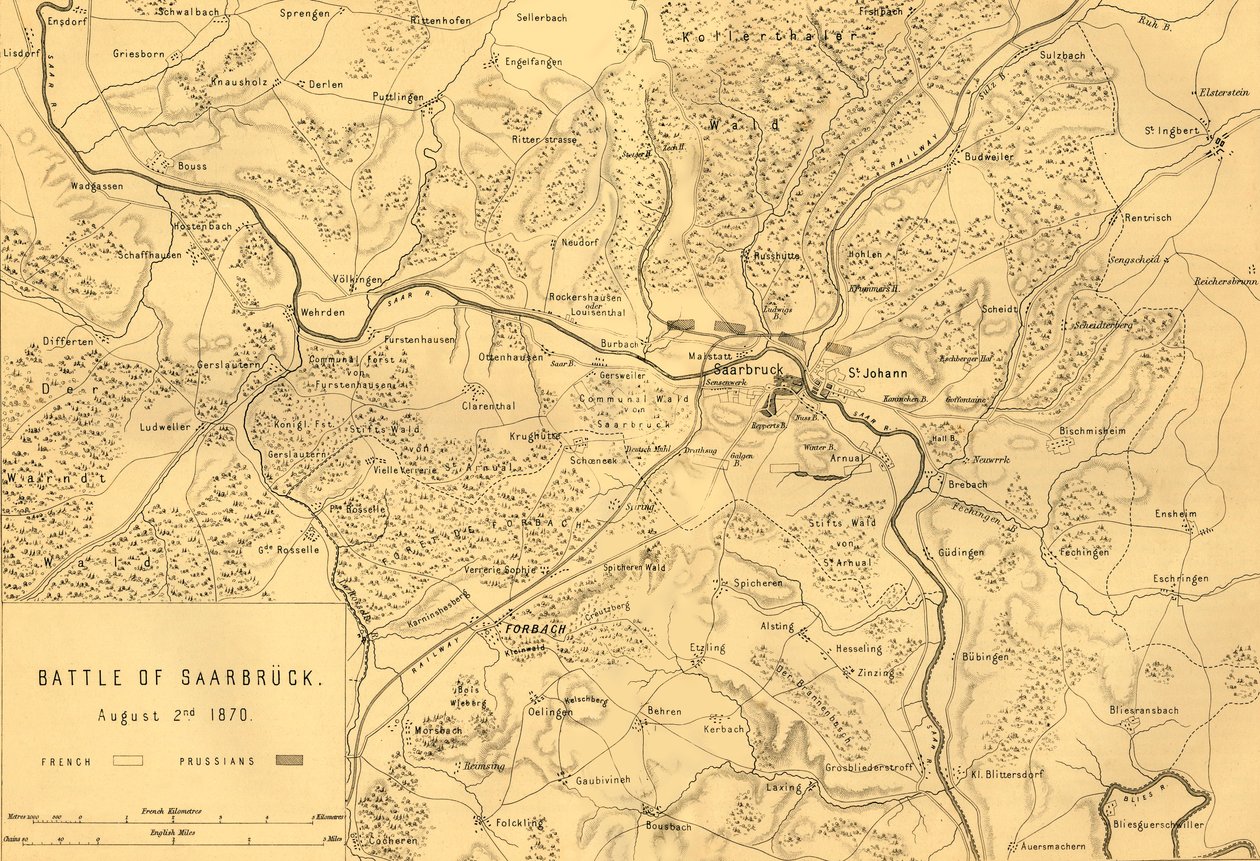 Kort over slaget ved Saarbrücken, 2. august 1870, c1872. af R. Walker