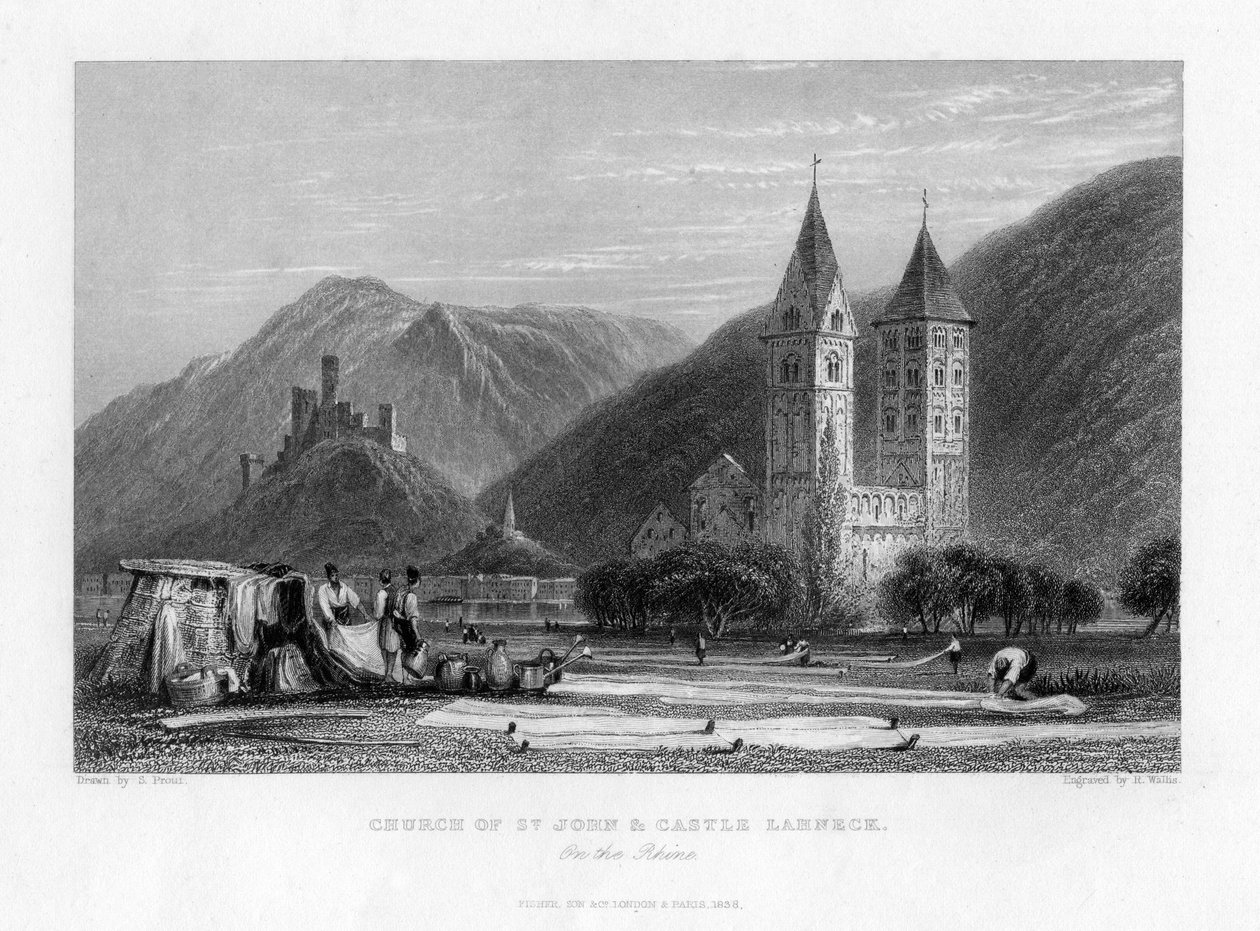 Johanneskirken og slottet Lahneck ved Rhinen, 1838 af R. Wallis