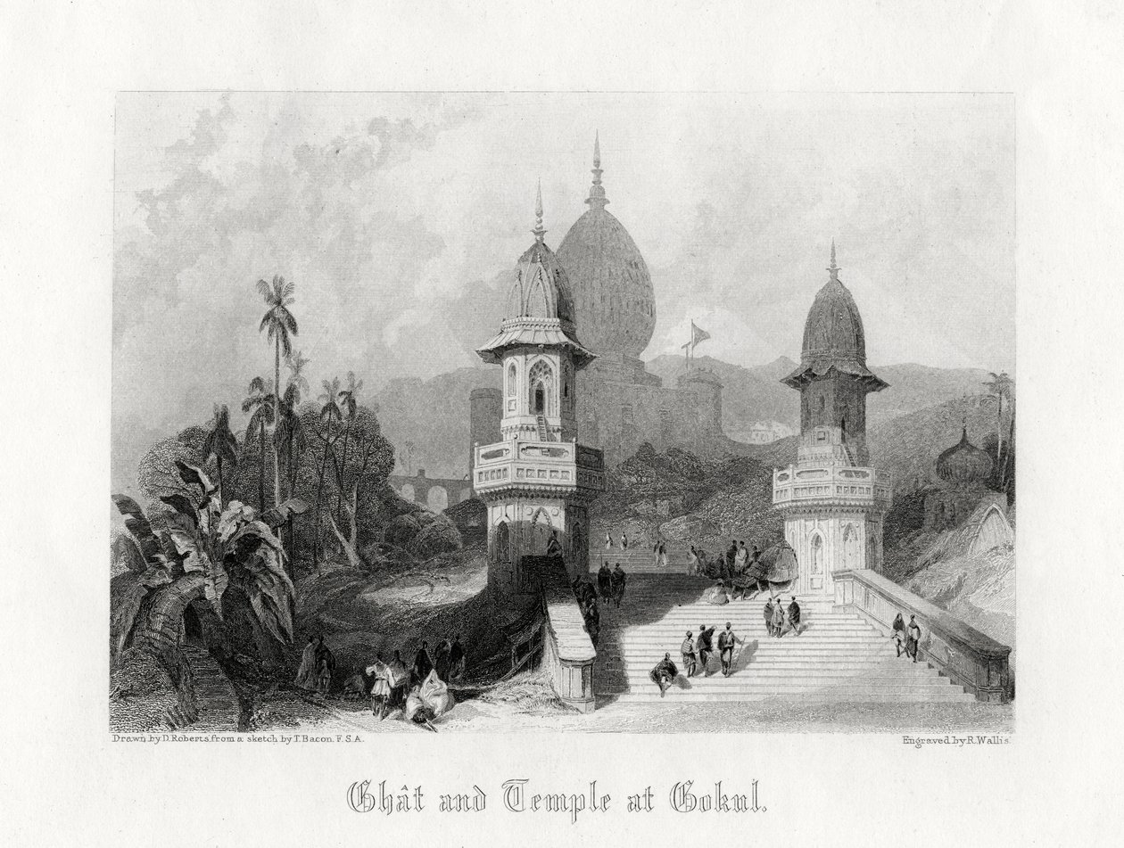 Ghat og templet i Gokul, Indien, c1838. af R. Wallis
