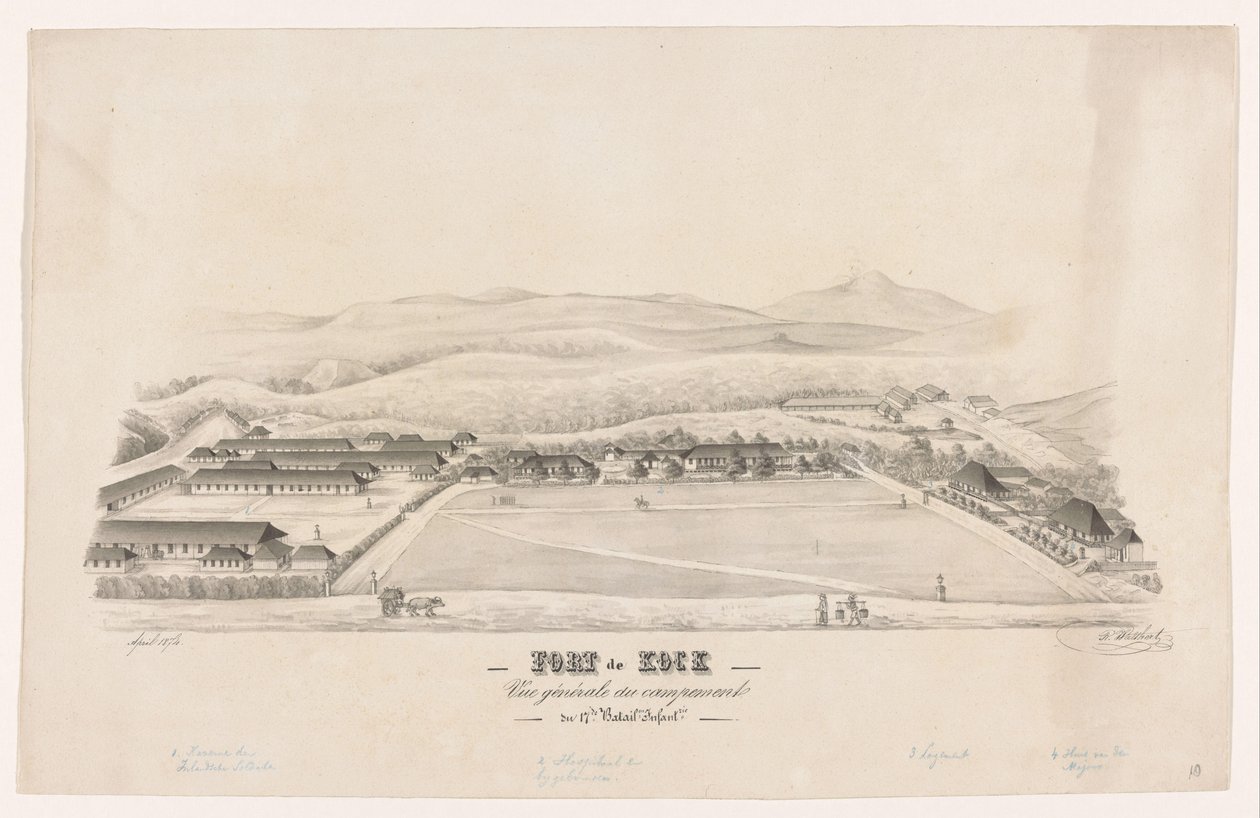 Udsigt over Fort de Kock Fort de Kock / Vue générale du campemente / du 17de Batail.on Infant.rie (titel på objekt) af R. Walthert (signed by artist)