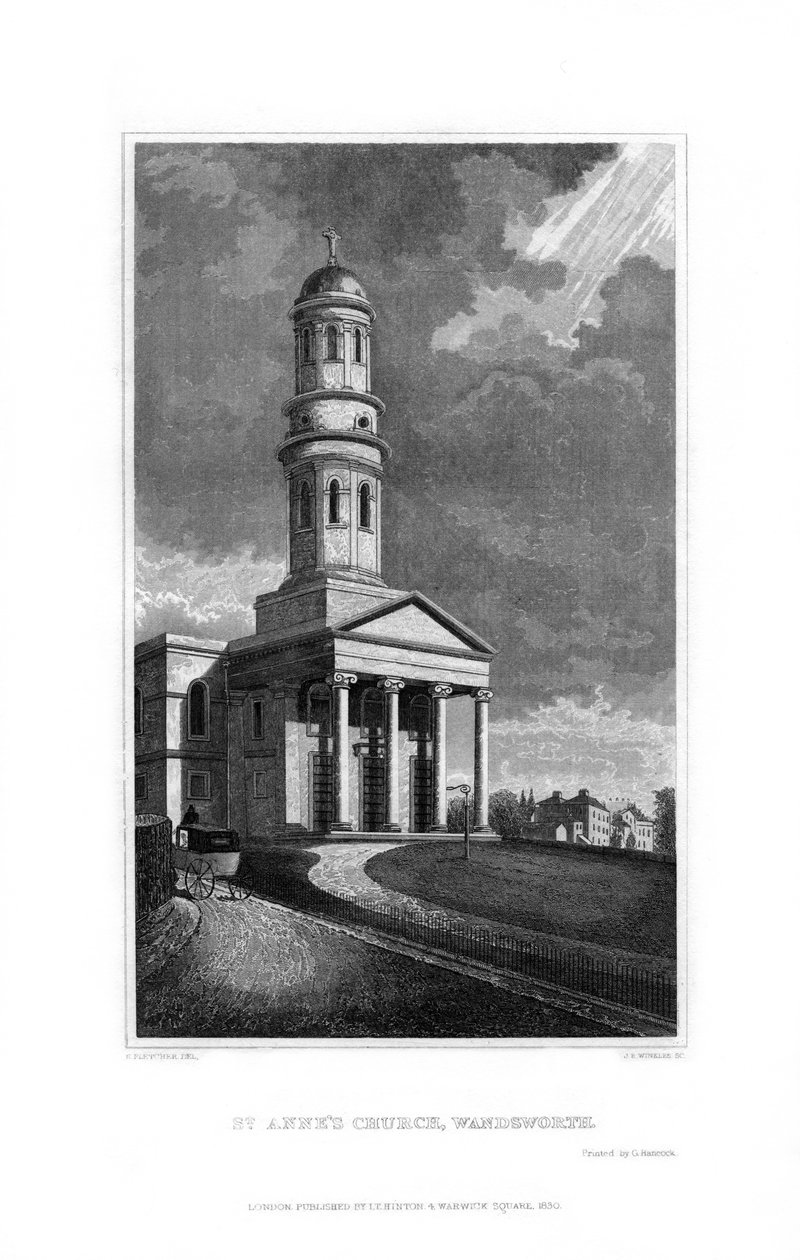 St Annes Church, Wandsworth, London, 1830. af R. Winkles