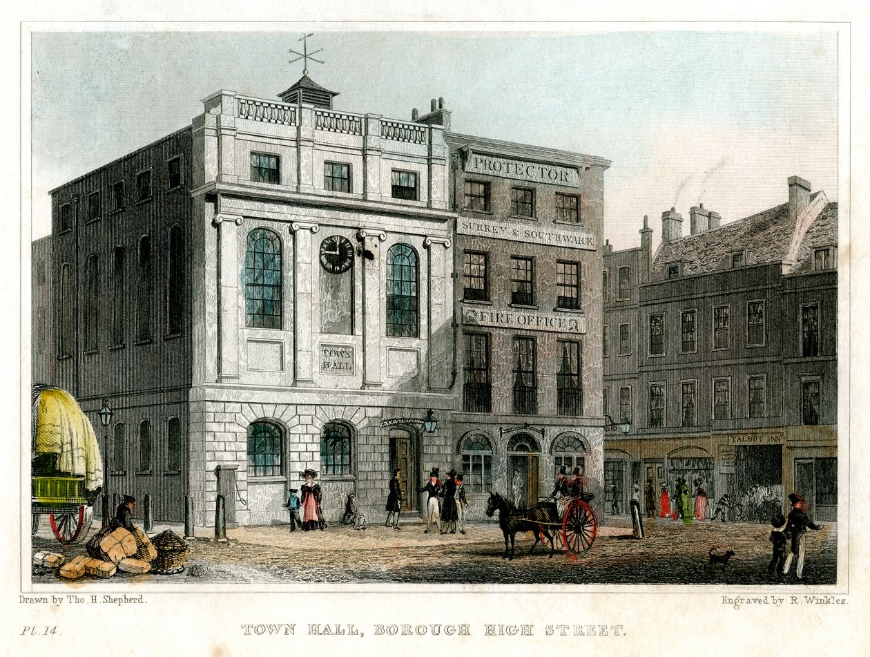 Rådhus, Borough High Street, Southwark, London, 1830. af R. Winkles