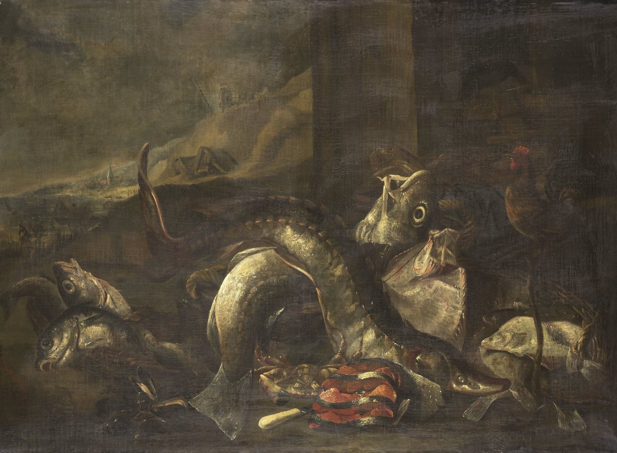 Stilleben med fisk af R. van Burgh