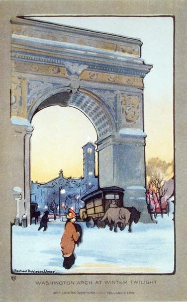 Washington Square Arch ved Winter Twilight, postkort, ca. 1914 (farve litho) af Rachael Robinson (after) Elmer
