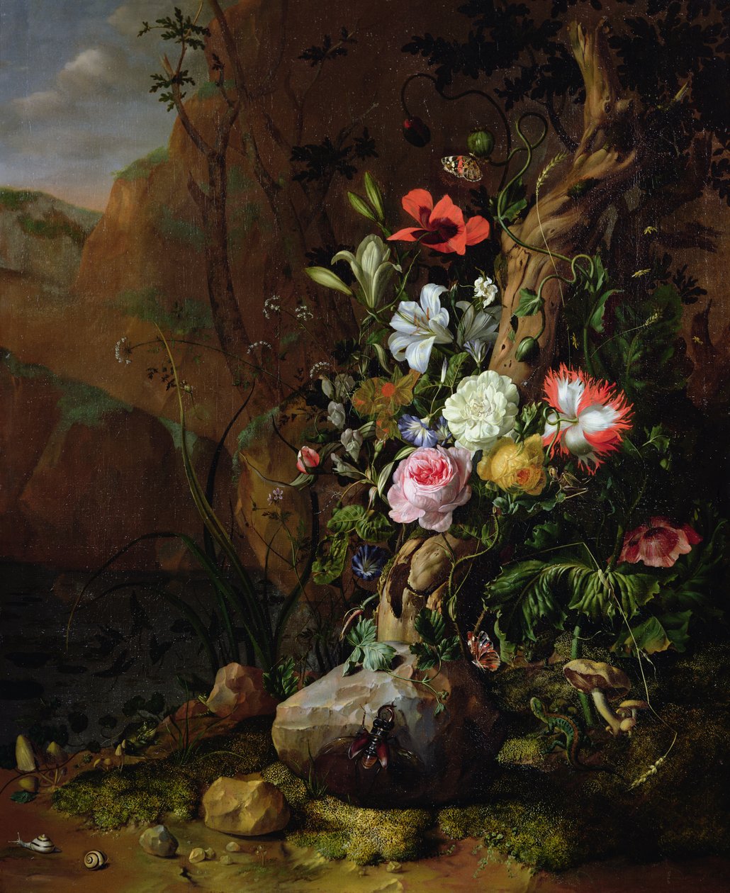 Træstamme omgivet af blomster, sommerfugle og dyr, 1685 af Rachel Ruysch
