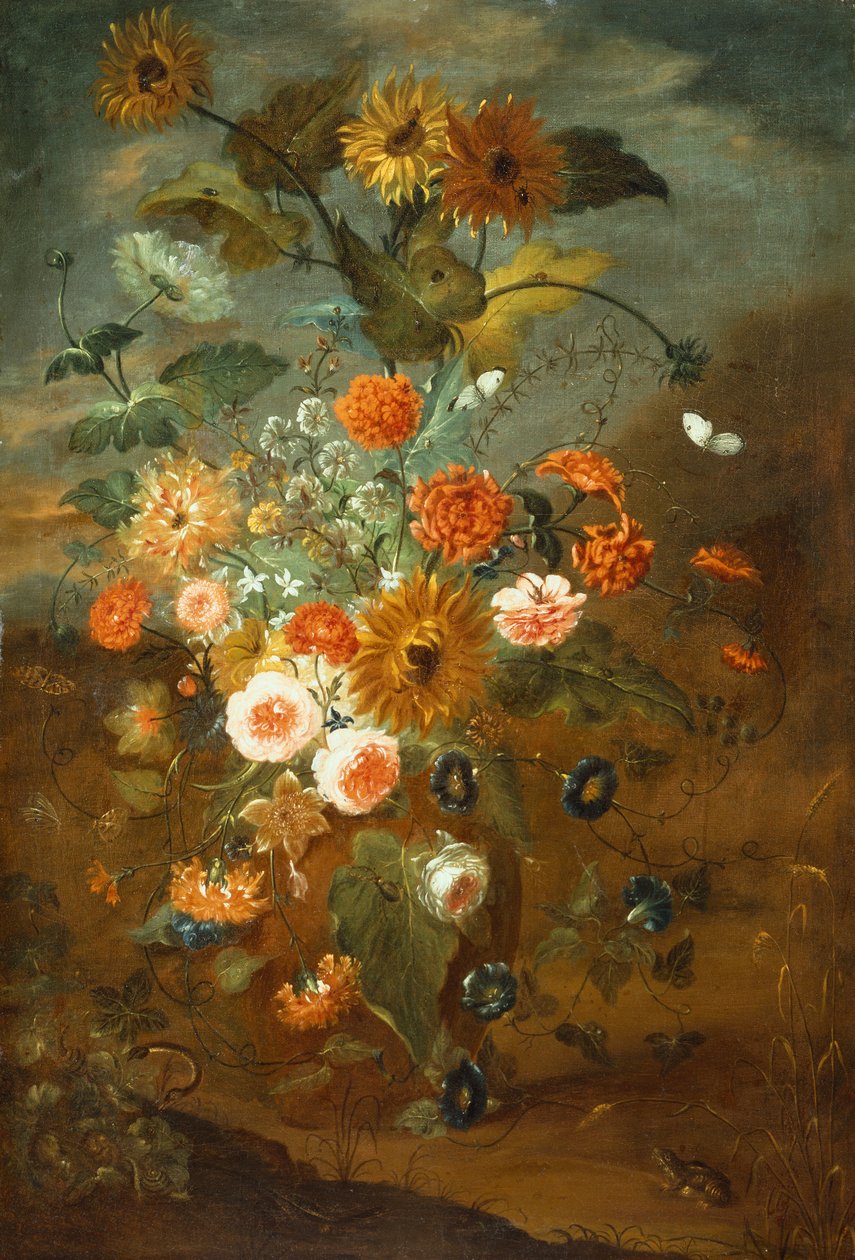 Roser, nelliker, solsikker i en vase med sommerfugle, frøer, insekter (olie på lærred) af Rachel Ruysch