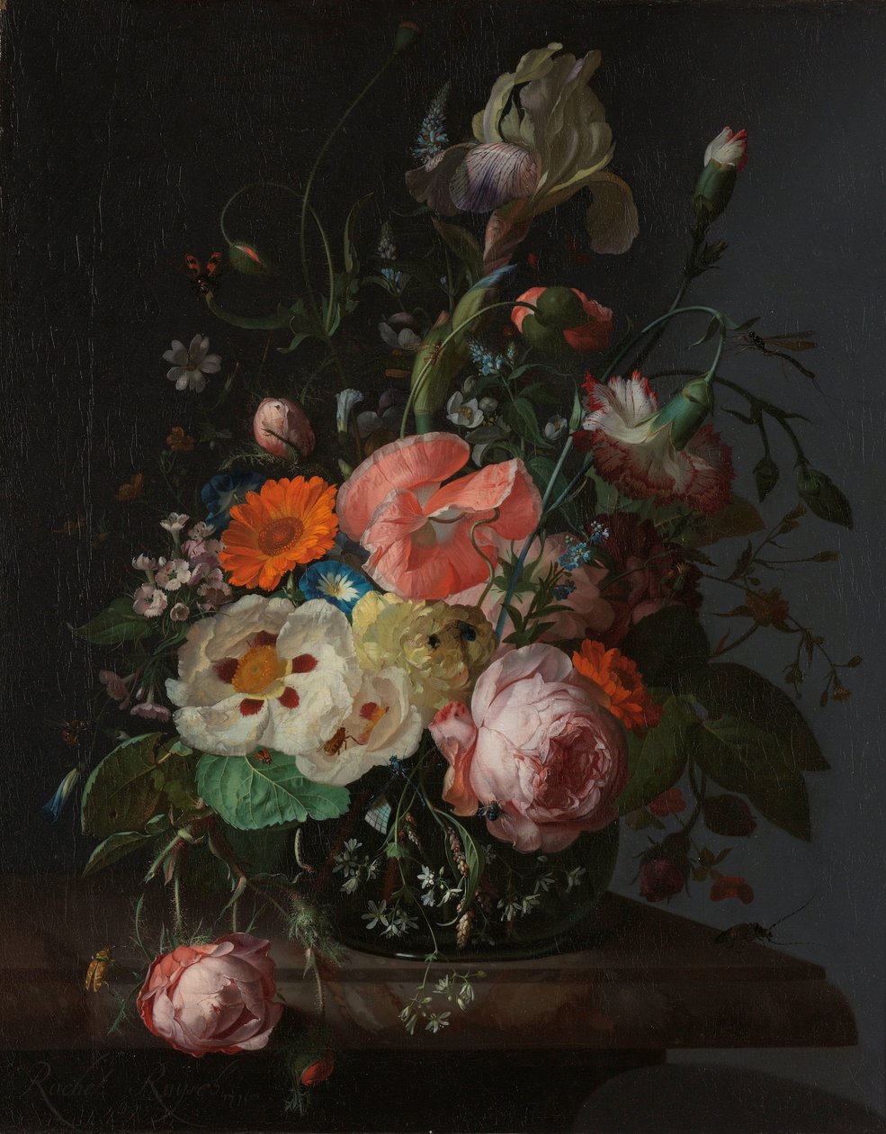 Stilleben med blomster på en marmorbordplade af Rachel Ruysch