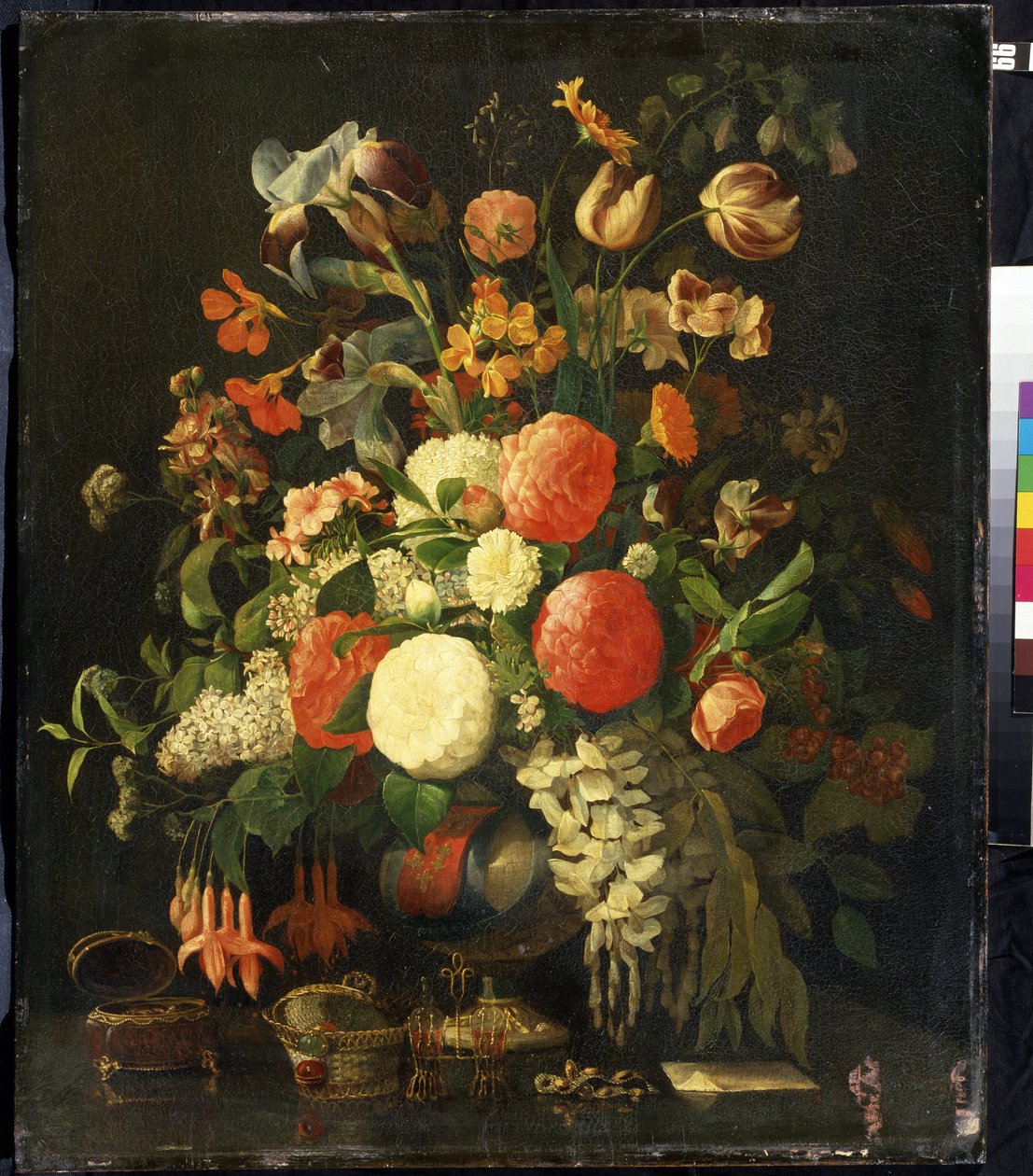 ""Buket blomster"" (Blomster) På bordet står smykkeskrin. Maleri af Rachel Ruysch (1664-1750) Mikhail Kroshitsky kunstmuseum fra det 18. århundrede, Sevastopol (Sevastopol) Ukraine af Rachel Ruysh