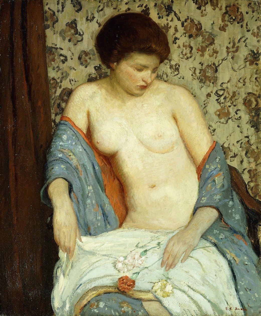 Nøgen med blå kimono (olie på lærred) af Rae Sloan Bredin