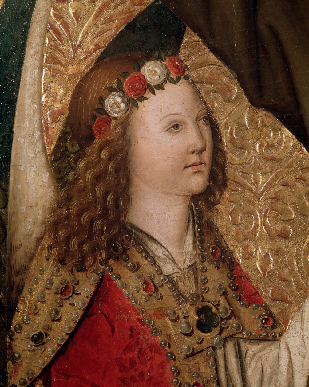 En engel, detalje fra St. Bernardin fra Siena altertavle (olie på panel af Rafael & Figuera Joan (active c.1454 1477) Tomas