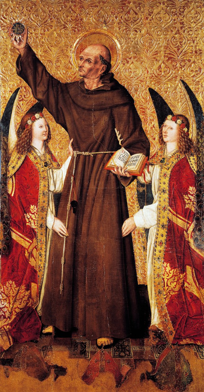 Sankt Bernhard og engle, midterpanel af Sankt Bernhards altertavle af Rafael Tomas (aktiv 1455-1479), predella af Joan Figuera (aktiv fra 1454-død 1477 eller 1479), tempera på panel, 398, 9x253 cm af Rafael & Figuera Joan (active c.1454 1477) Tomas