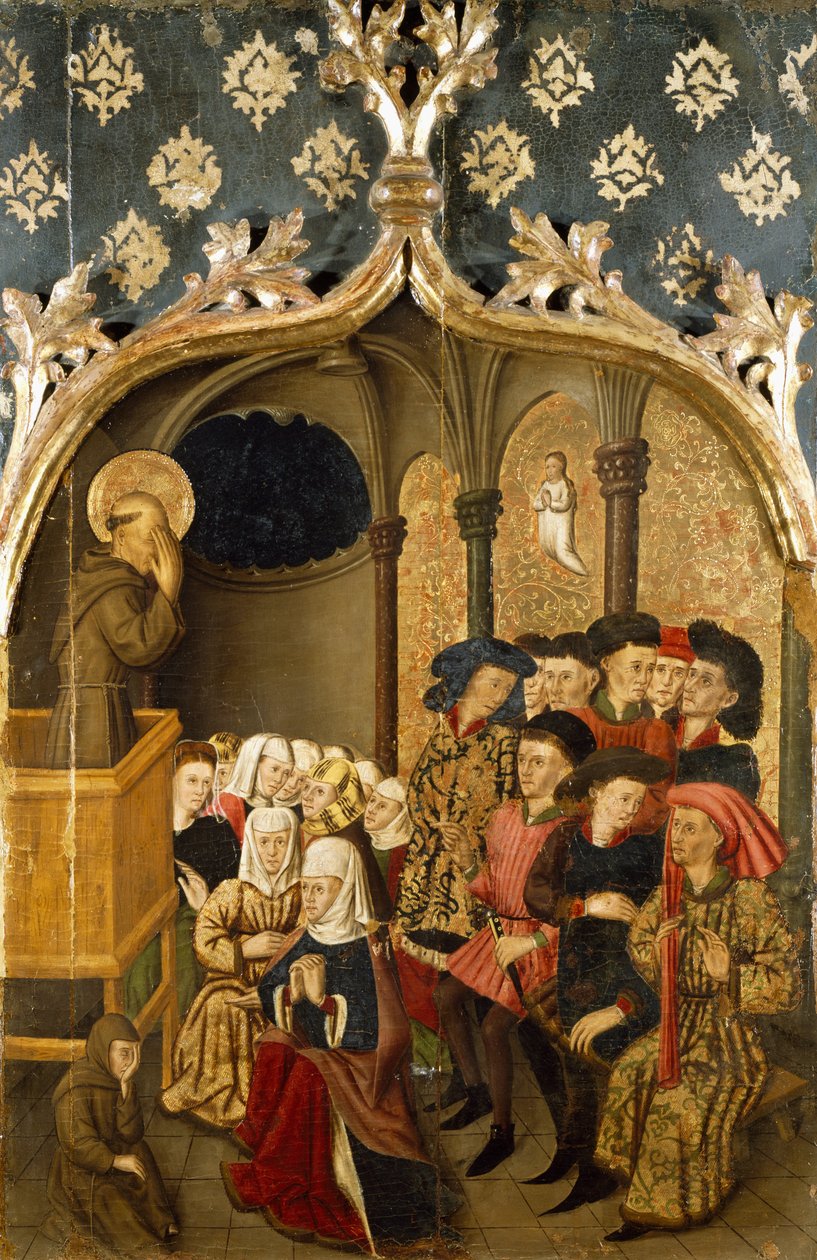 Syn under prædiken, detalje fra venstre panel af St. Bernand altertavle af Rafael Tomas (aktiv 1455-1479), predella af Joan Figuera (aktiv fra 1454-død 1477 eller 1479), tempera på panel, 398, 9x253 cm af Rafael & Figuera Joan (active c.1454 1477) Tomas