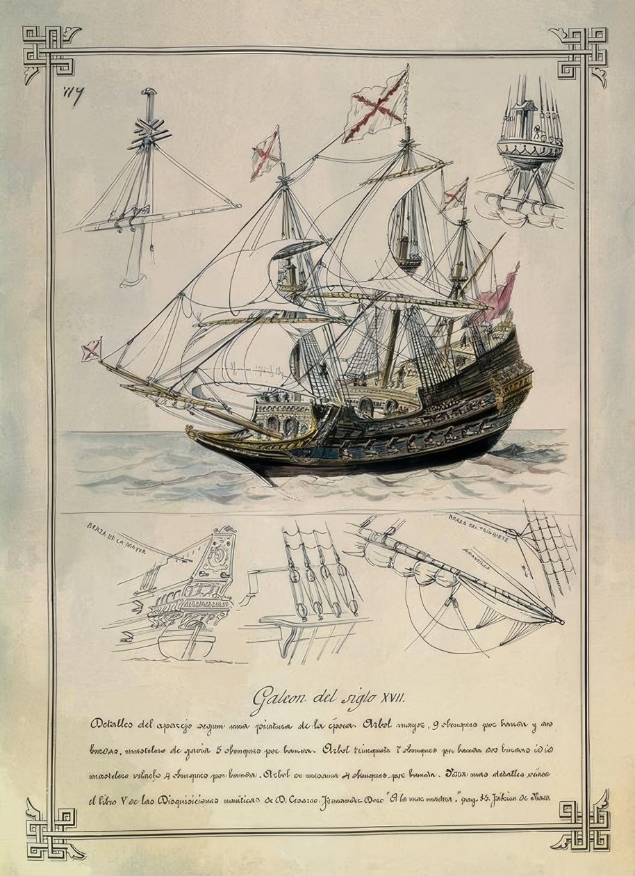 17. ÅRHUNDREDES GALEON I EN 1800-TEGNING af Rafael Monleon y Torres